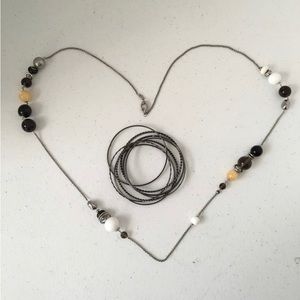 Fossil Silver and Brown / Tan / White Beads Necklace and Coordinating Bangles